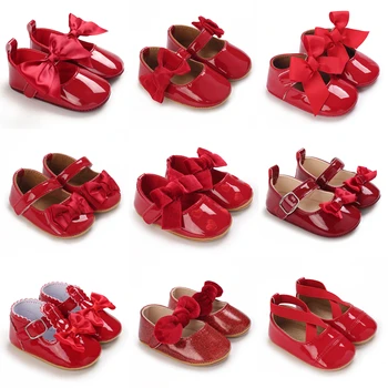 Красные блестящие кожаные туфли принцессы на плоской подошве для китайского Нового года; Нескользящая обувь для обучения на резиновой подошве; Обувь в подарок ребенку на День рождения;