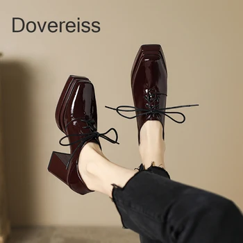 Dovereiss/ Женская обувь 2023, модные черные водонепроницаемые туфли на массивном каблуке, коричневые пикантные туфли-лодочки с квадратным носком и перекрестной шнуровкой