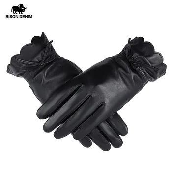 Женские перчатки из натуральной кожи и овчины BISON DENIM, зимние Теплые флисовые Ветрозащитные перчатки с сенсорным экраном, спортивные перчатки для вождения, езды на велосипеде