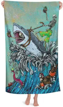Забавный скелет катается на акуле в прибое, пляжные полотенца из микрофибры, Негабаритное мягкое пляжное одеяло, Быстро Впитывающиеся полотенца, Пляжное полотенце