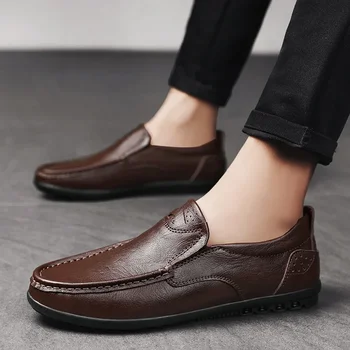Фирменные мужские лоферы, обувь для вождения, кожаная мужская модная повседневная обувь на черной мягкой подошве, удобные мужские бахилы