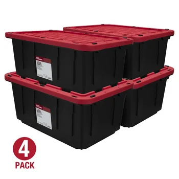 Сверхпрочная пластиковая сумка для хранения с защелкивающейся крышкой объемом 17 галлонов, черное основание / красная крышка, набор из 4-х ящиков для хранения