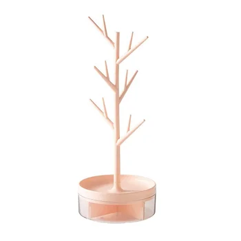 Вешалка для украшений на ветке с поворотным основанием и ящиком для хранения, подвесной органайзер в виде башни на дереве, розовый