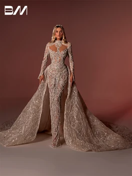 Свадебные платья Sexy Illusion С длинным рукавом, высоким воротом, украшенным драгоценными камнями, Со съемным шлейфом, платье невесты цвета шампанского, Robe De Mariee Bridal