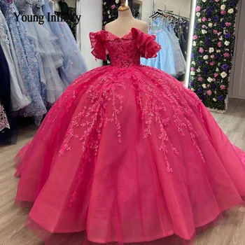 Розово-красные блестящие пышные платья 2024 С аппликациями, кружевными бусинами, бальные платья, Тюлевое платье принцессы Sweet 16, кружевное платье vestidos de 15