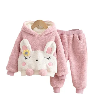 Комплект детской плюшевой одежды для маленьких девочек, милый костюм с капюшоном с мультяшными животными, утепленные штаны, осенне-зимний детский комплект из двух предметов