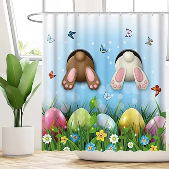 Весенняя Пасхальная занавеска для душа с крючками Два кролика бросаются в ванну Домашний декор ванной комнаты Бабочки Яйца Ткань