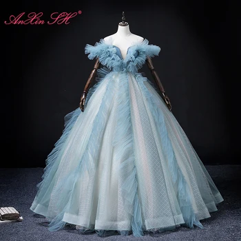 AnXin SH винтажное голубое кружевное платье с вырезом лодочкой, расшитое бисером, хрустальное бальное платье с оборками, блестящее вечернее платье для невесты, ведущее вечеринки, зашнурованное вечернее платье