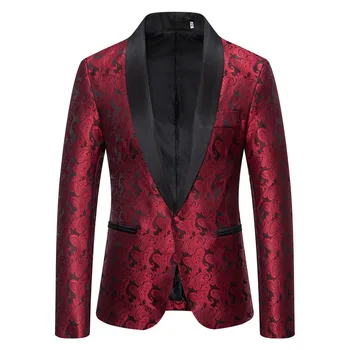 Мужской красный смокинг с цветочным узором, жаккардовый пиджак, приталенный блейзер на одной пуговице, мужская одежда для свадьбы, выпускного вечера, ужина, сценическая одежда для певцов