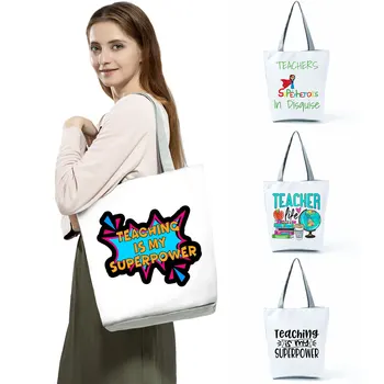 Сумка-тоут с принтом на День учителя, уличная экологичная женская сумка через плечо большой емкости, школьные модные портативные сумки