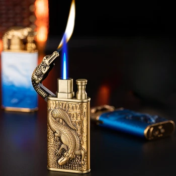 Новый двойной огонь прямого преобразования Открытый огонь надувной голубое пламя Элегантная металлическая 3D рельефная зажигалка в виде крокодила