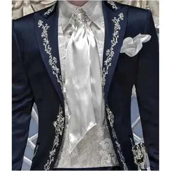 Темно-синие атласные мужские костюмы с вышивкой, 2 предмета, Итальянский приталенный костюм, Мужские смокинги, Формальный блейзер для Жениха, свадебное платье для выпускного вечера