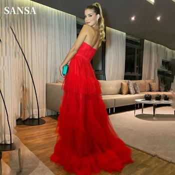 Сексуальное Многослойное платье Для выпускного вечера Sansa Без Бретелек, Элегантное Красное Vestidos De Noche Из Тюля Длиной До пола, 2023