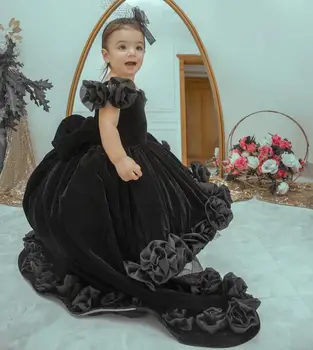 Черное свадебное платье без рукавов с цветочным узором для девочек, аппликация со шлейфом, торжественная вечеринка, Детское праздничное платье Принцессы для первого причастия