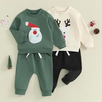 Одежда для малышей из 2 предметов, толстовка с вышивкой Рождественского оленя, комплект из штанов с завязками, костюмы для младенцев