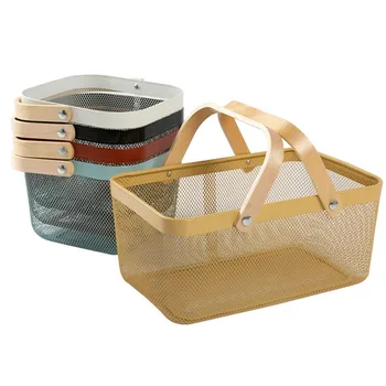 Металлическая Прямоугольная корзина для покупок, Маленькая корзинка для овощей и фруктов с деревянной ручкой