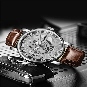 Мужские деловые часы Модные Прозрачные Полые Часы С кожаным ремешком Кварцевые Наручные Часы Reloj Hombre relogios masculino
