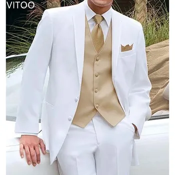 Белый смокинг жениха из 3 частей, свадебный костюм бойфренда на заказ, мужской костюм, пиджак, золотой жилет с брюками, модная одежда для официальных мероприятий