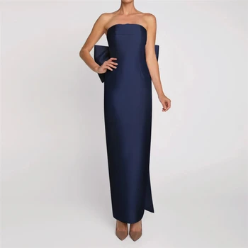 Темно-синее платье для выпускного вечера с длинным рукавом 2023, с большим бантом, без спинки, без бретелек, простые атласные вечерние платья, вечерние платья, Robe De Soiree