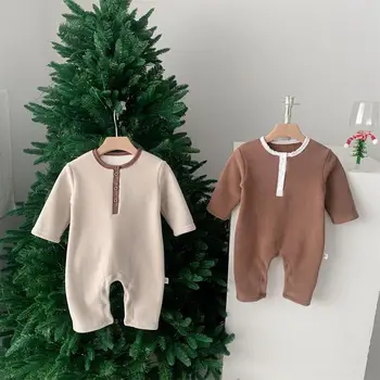 2023 Осень-зима, комбинезон для маленьких мальчиков, пуловер с длинными рукавами, хлопковый однотонный комбинезон для маленьких мальчиков, замшевый комбинезон для новорожденных мальчиков