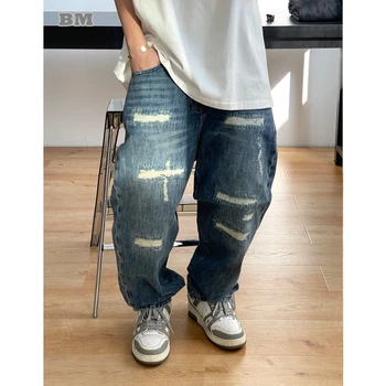 Японская уличная одежда, мешковатые джинсы, мужская одежда, винтажные повседневные джинсовые брюки-карго Harajuku, мужские брюки с прямыми штанинами.