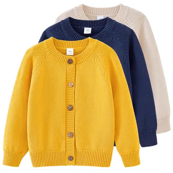 Однотонный вязаный свитер с длинными рукавами для маленьких мальчиков и девочек, пальто-кардиган, осенняя детская одежда для маленьких девочек и мальчиков, пальто