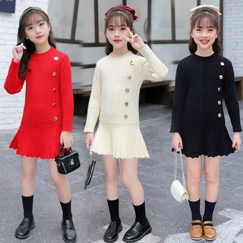 Платье-свитер для девочек, новинка 2021 года, осенне-зимнее детское базовое трикотажное платье средней длины, модная одежда для больших детей на пуговицах
