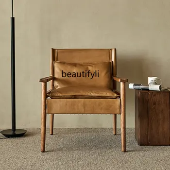 Кресло для отдыха Диван из массива дерева Кресло для отдыха в гостиной Диван из натуральной кожи Ретро-кресло для гостиной односпальный диван-кресло