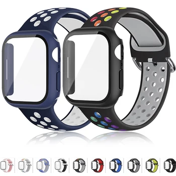 Стекло + Чехол + Ремешок для Apple Watch Band 44мм 40мм 45мм 41мм 38мм 42мм Силиконовый Ремешок Для Часов Браслет iWatch Series 4 5 6 se 7 8