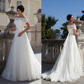 Элегантные свадебные платья с открытыми рукавами и прозрачным кружевным вырезом А-силуэта, свадебные платья Vestido De Casamento 2015 WB013