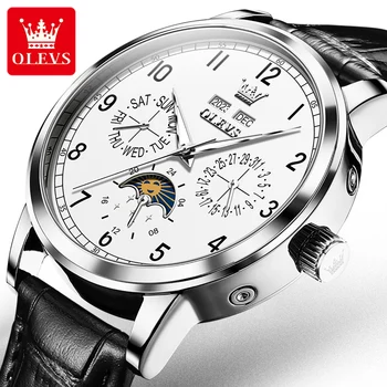 OLEVS 6698 Фаза Новолуния, Мужские механические часы с большим циферблатом 42 мм, кожаные ручные часы, водонепроницаемые Автоматические мужские часы 2024