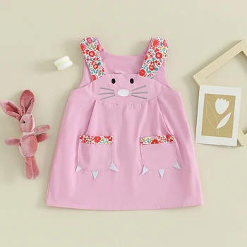 Милое детское платье для маленьких девочек, платье трапециевидной формы с цветочным принтом в виде мультяшного кролика и карманом, летнее платье без рукавов, Пасхальные наряды