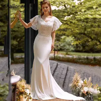 Challoner Элегантное свадебное платье русалки с V-образным вырезом, кружевными аппликациями, короткими рукавами и пуговицами Длиной до пола, свадебное платье Vestidos De Novia