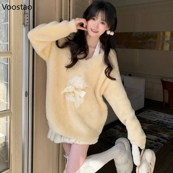 Корейский милый свитер, топы, женский повседневный бант с мультяшной вышивкой овец, вязаные пуловеры в стиле Харадзюку, уличная одежда для девочек, трикотажное пальто Y2k