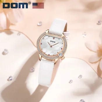 Женские кварцевые часы DOM 1529, повседневные модные наручные часы из белой кожи с бриллиантами, женские часы в подарок для девочек