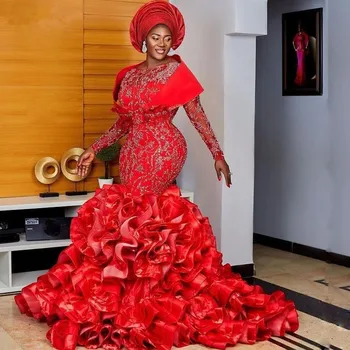 Красные свадебные платья Русалки в Нигерийско-Африканском стиле с длинными рукавами и оборками, Многоуровневая юбка Aso Ebi, Кружевные свадебные платья из бисера.
