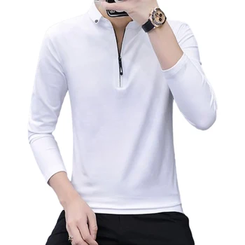 Мужская приталенная рубашка на молнии, деловая официальная футболка, блузка, топы с длинными рукавами для офиса и официальных мероприятий, белый / черный