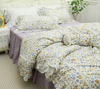 Романтический сказочный цветочный комплект постельного белья, ретро цветок фиолетовый полный королева король хлопок домашний текстиль покрывало наволочка пододеяльник