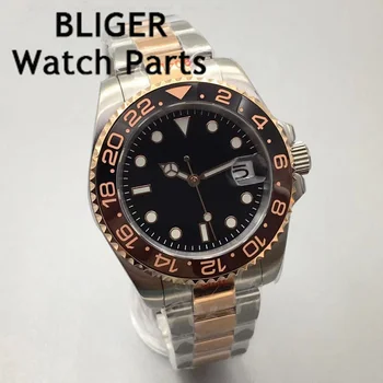 BLIGER 40 мм Черные мужские часы с 24 драгоценными камнями Механизм NH35 MIYOTA 8215 PT5000 Двухцветный ремешок из розового золота Oyster Керамический