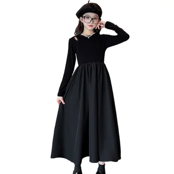 Длинные черные платья для маленьких девочек, детская одежда, осенние детские платья принцессы с длинными рукавами, детские костюмы для подростков 4, 8, 12 лет