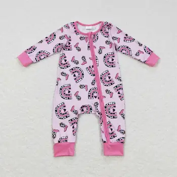 Оптовая Продажа, Комбинезон для маленьких девочек, сапоги в стиле Вестерн, одежда для влюбленных, Детский цельный комбинезон для новорожденных, боди на молнии, Розовый комбинезон