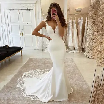 Потрясающие свадебные платья русалки с глубоким V-образным вырезом 2023, кружевные аппликации, формальное атласное свадебное платье без спинки