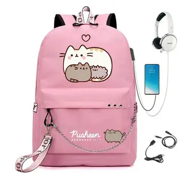 Рюкзаки младших школьников для девочек, сумки через плечо, женские сумки Kawaii Cat USB, повседневный рюкзак для путешествий большой емкости