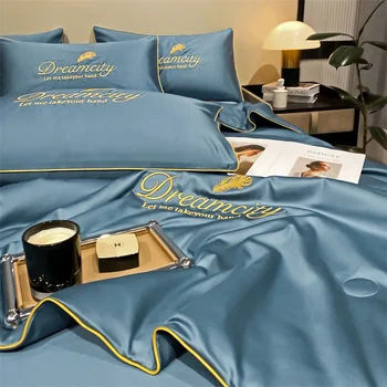 Комплект постельного белья с вышивкой, стеганое одеяло из египетского хлопка 600TC, Мягкий пододеяльник, Роскошная плоская / встроенная простыня, Наволочки, одеяло