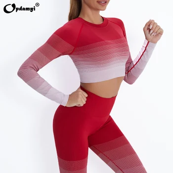 2021 Новый женский градиентный костюм для йоги, спортивные комплекты, одежда для фитнеса, бесшовные леггинсы для тренировок с длинным рукавом, комплект для спортзала, спортивная одежда