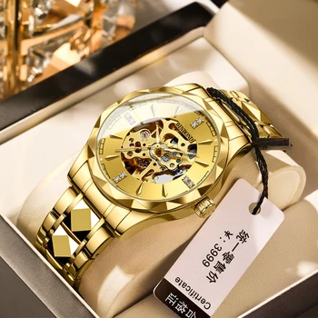 BINBOND Брендовые роскошные золотые механические часы для мужчин, водонепроницаемые модные часы-скелет, мужские Relogio Masculino