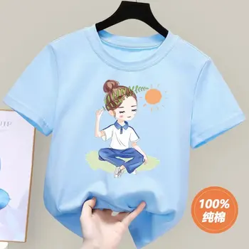 Летняя детская одежда 2023 года, Корейские модные футболки с героями мультфильмов, топы из 100% хлопка, футболки, Детские футболки с коротким рукавом, Одежда для мальчиков и девочек