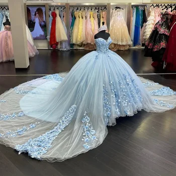 Светло-Небесно-Голубое платье Принцессы для выпускного вечера, Бальное платье, Пышное Платье, Цветы, Бусины С Аппликацией, Милая Шея, Тюль, Vestidos De Novia