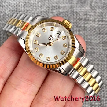 26 мм Маленькие женские часы с желтым позолоченным безелем для монет NH05 Индикацией даты, браслетом, сапфировым стеклом, серебряным циферблатом, драгоценными камнями