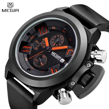 MEGIR Черные силиконовые кварцевые часы, роскошные спортивные наручные часы в стиле милитари, мужские водонепроницаемые часы, хронограф с большим циферблатом, Montre Homme